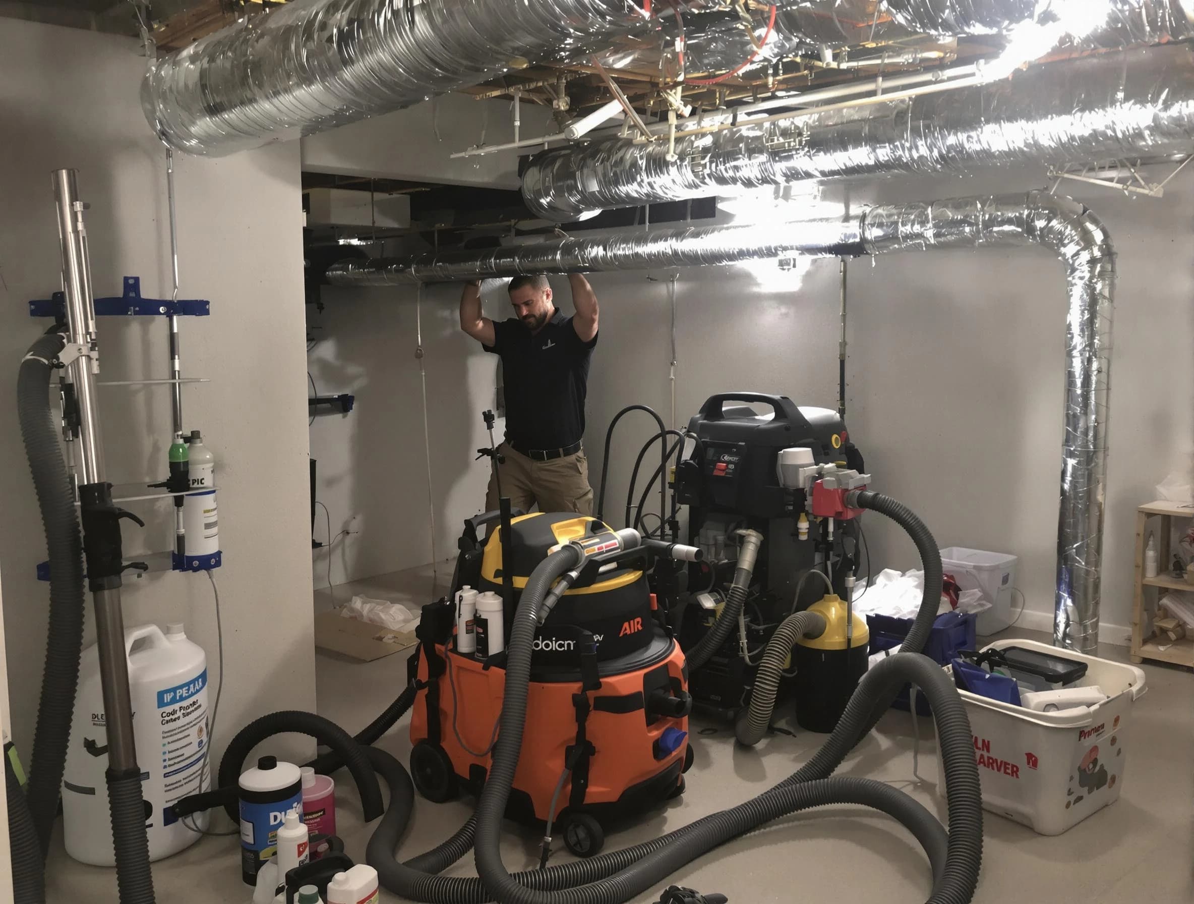 Dallas Air Duct Cleaning specialist performing professional mold removal from air ducts using safety equipment in Dallas