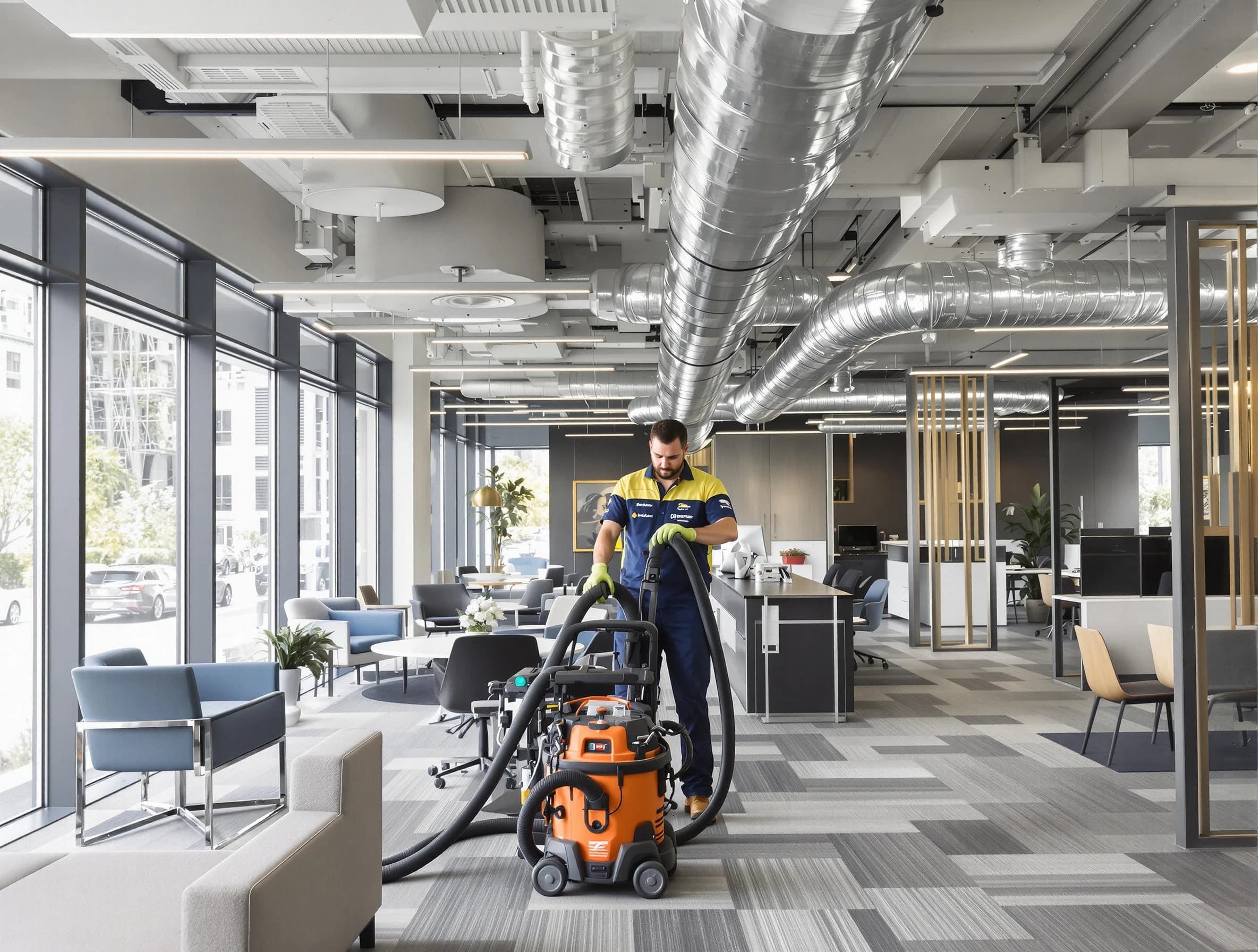 Dallas Air Duct Cleaning team performing thorough commercial duct cleaning at a Dallas business center