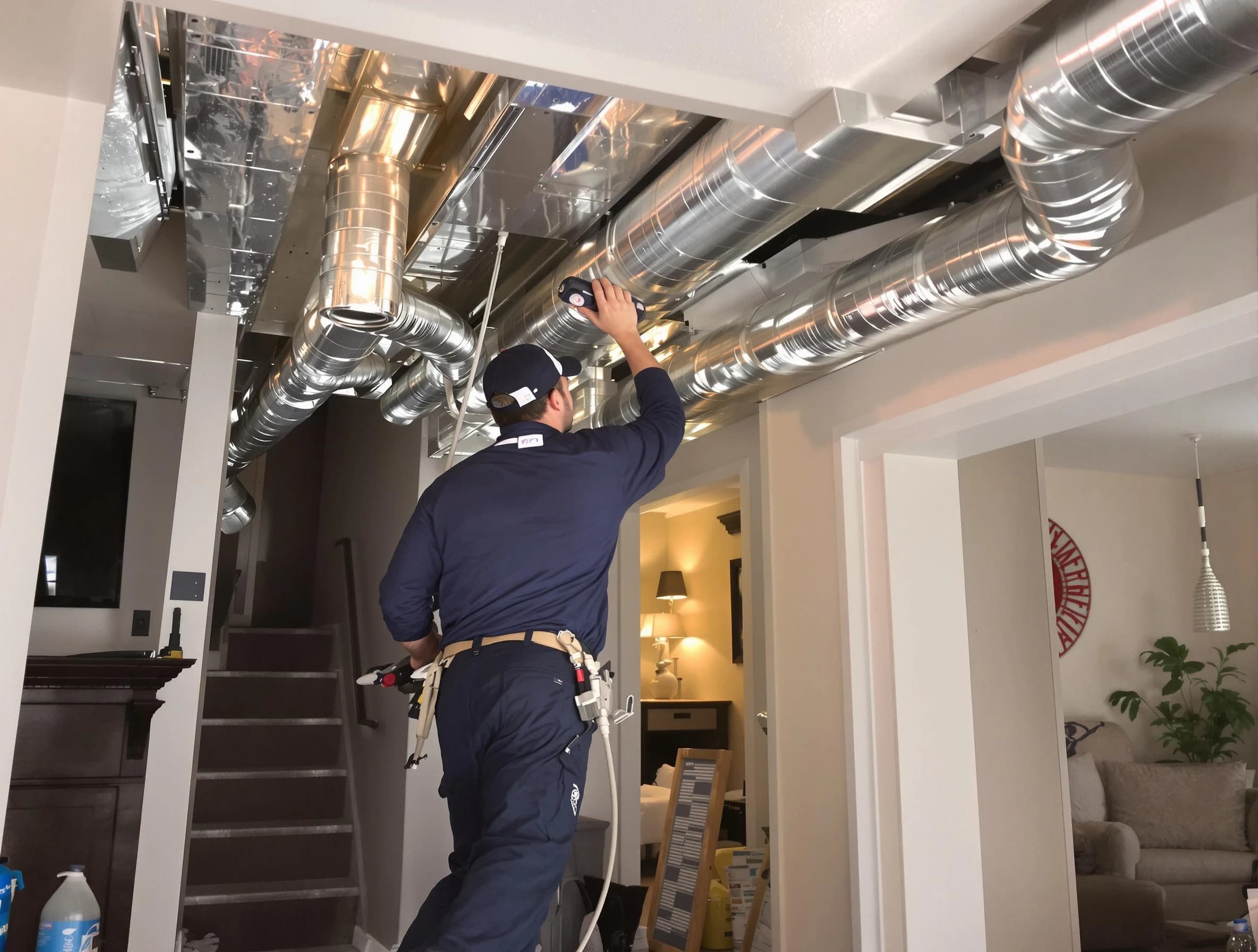 Dallas Air Duct Cleaning expert performing specialized duct cleaning in a mobile home in Dallas